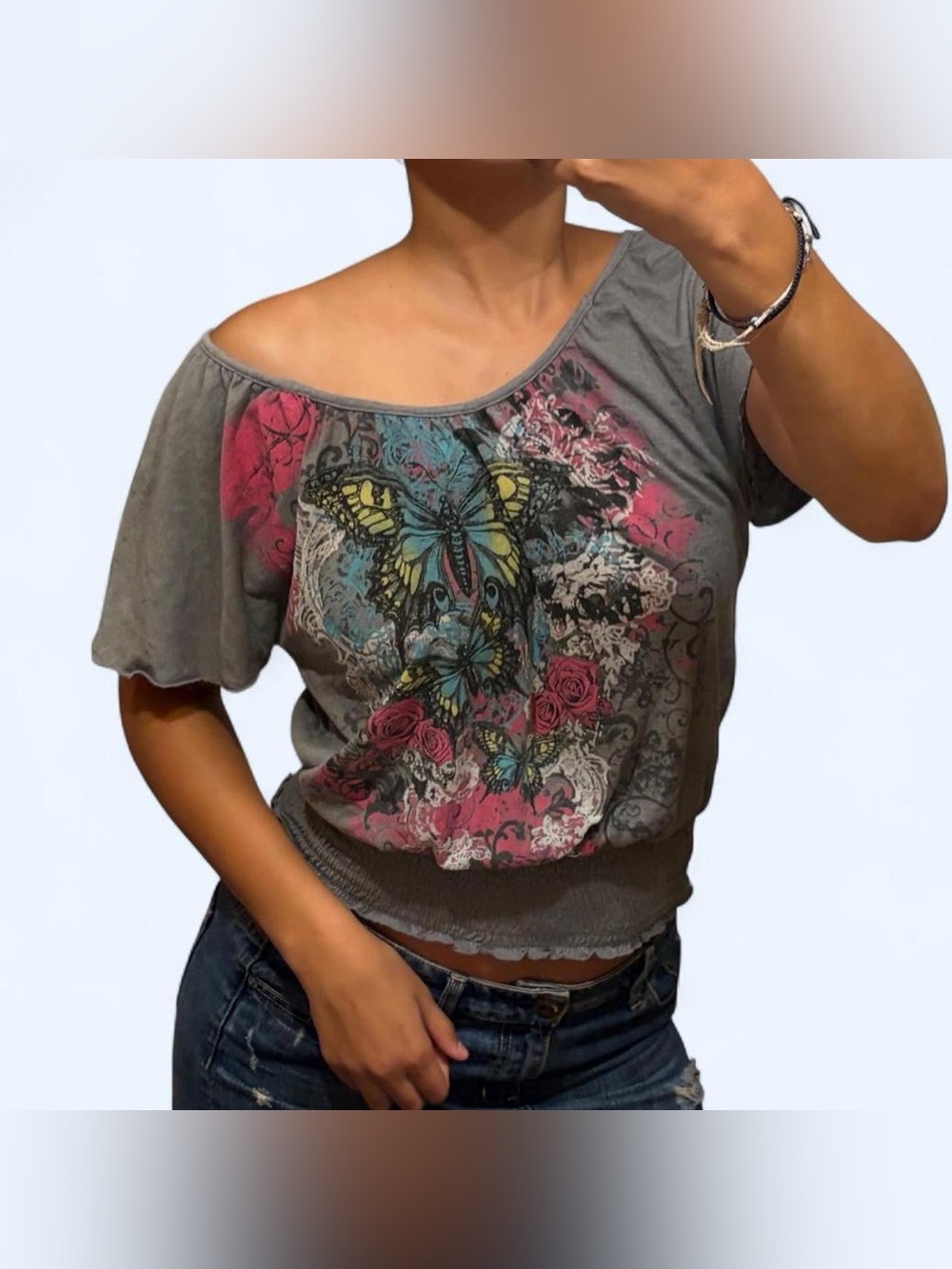 Y2K Grey Off the Shoulder Top by No Boundaries!